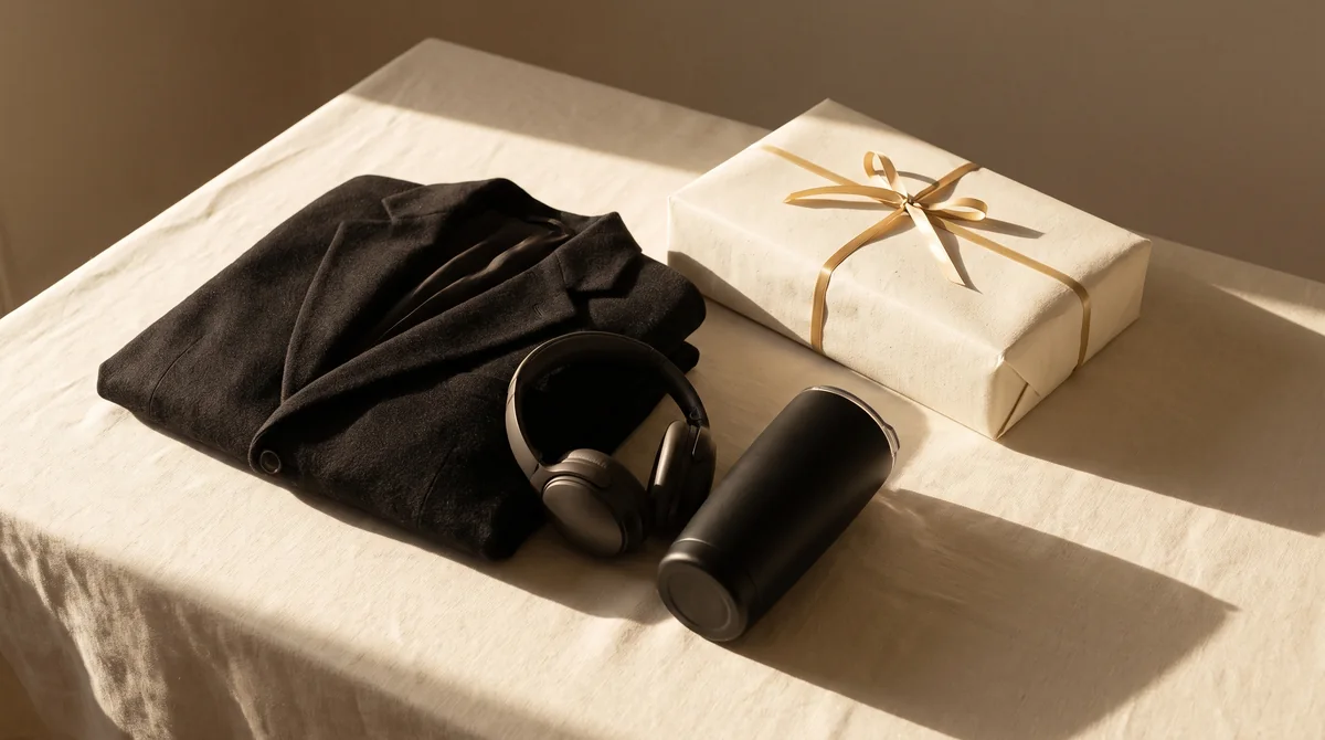 Year-end gift set — wool jacket, headphones, tumbler and a ribboned gift