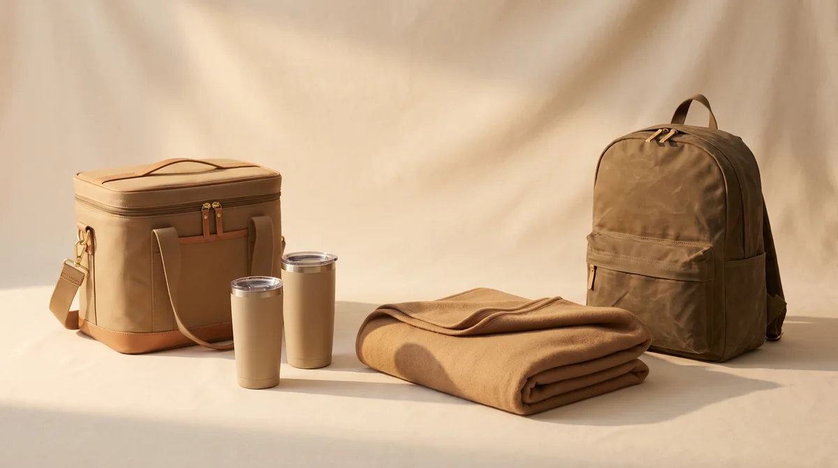 Retreat gear — cooler, insulated tumblers, fleece layer and backpack