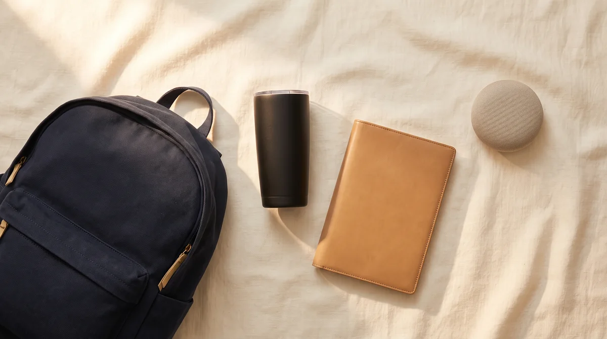 Onboarding welcome kit — backpack, tumbler, leather notebook and speaker